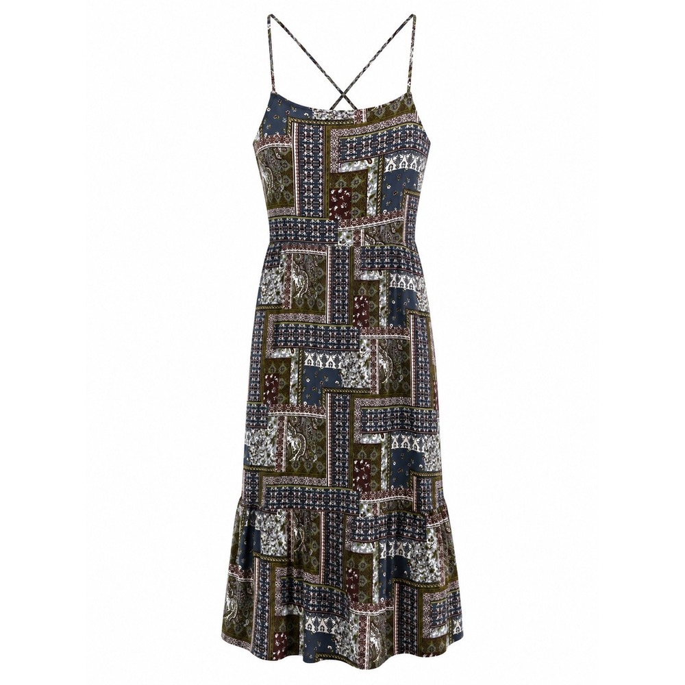 Hiatus Patchwork Paisley‎ Midi Dress Green Brown Ruffle Tiered Cross Back XL